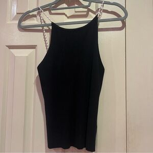 RIHOAS  Beaded Strap Ribbed Cami Top Black NWT Size L